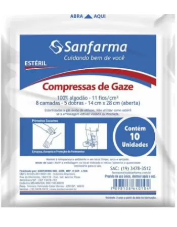 SANFARMA COMPRESSA DE GAZE ESTERIL 11 FIOS/CM² (14X28 CM ABERTA) 100% ALGODÃO COM 10 UNIDADES