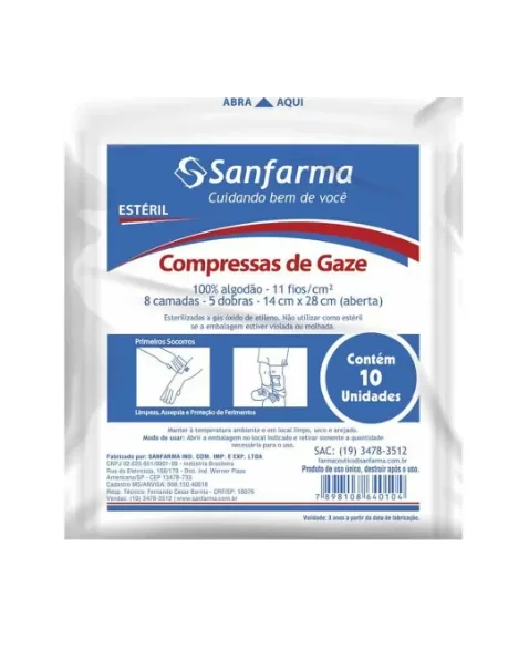 SANFARMA COMPRESSA DE GAZE ESTERIL 11 FIOS/CM² (14X28 CM ABERTA) 100% ALGODÃO COM 10 UNIDADES