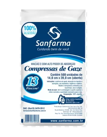 SANFARMA COMPRESSA DE GAZE ESTERIL 13 FIOS/CM² (14X28 CM ABERTA) 100% ALGODÃO COM 10 UNIDADES