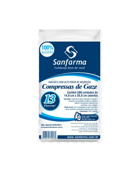 SANFARMA COMPRESSA DE GAZE ESTERIL 13 FIOS/CM² (14X28 CM ABERTA) 100% ALGODÃO COM 10 UNIDADES